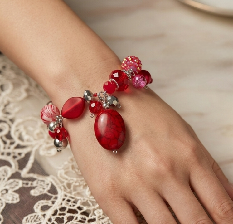 Chunky Red & Silver Clustered Bracelet