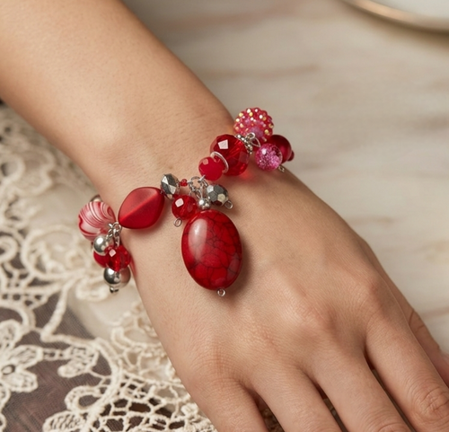 Chunky Red & Silver Clustered Bracelet