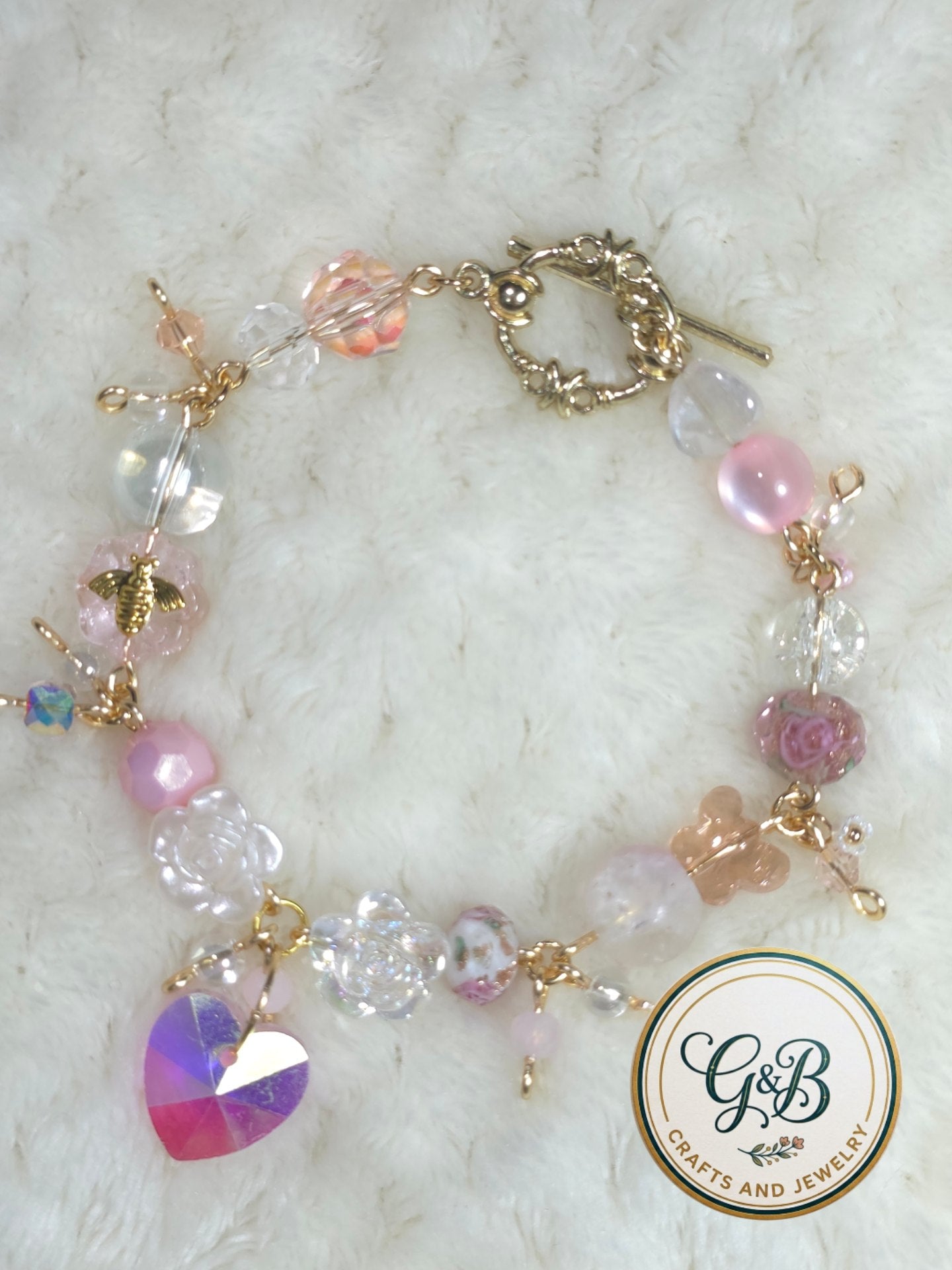 Ethereal Blossom & Crystal Heart Clustered Charm Bracelet