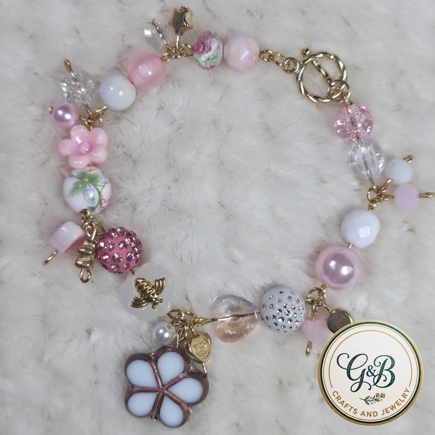 Dainty Floral Pink Clustered Charm Bracelet