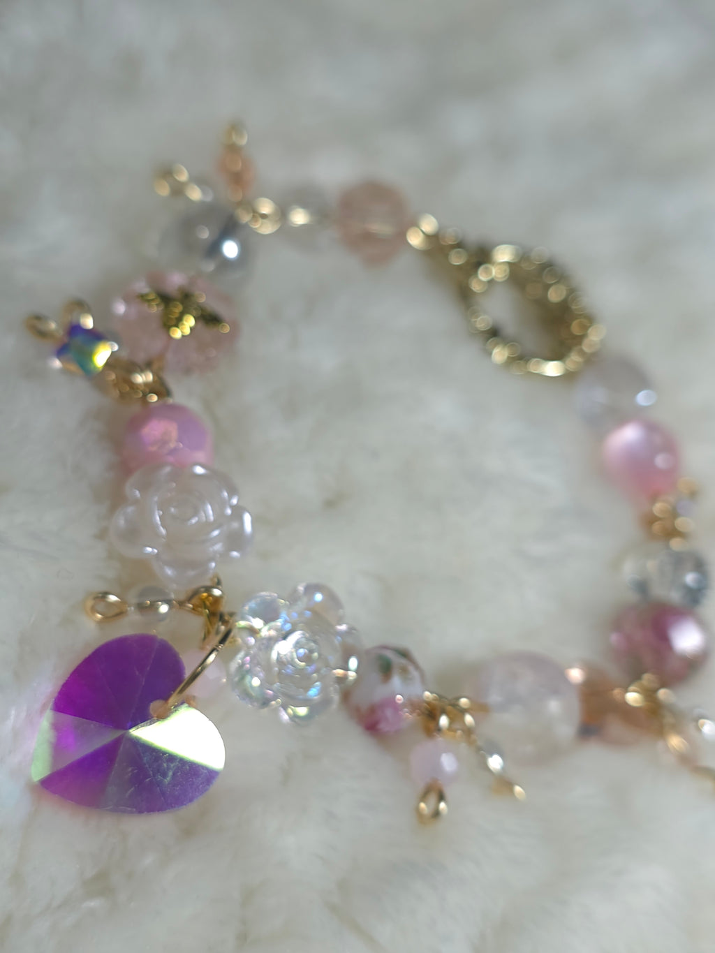 Ethereal Blossom & Crystal Heart Clustered Charm Bracelet