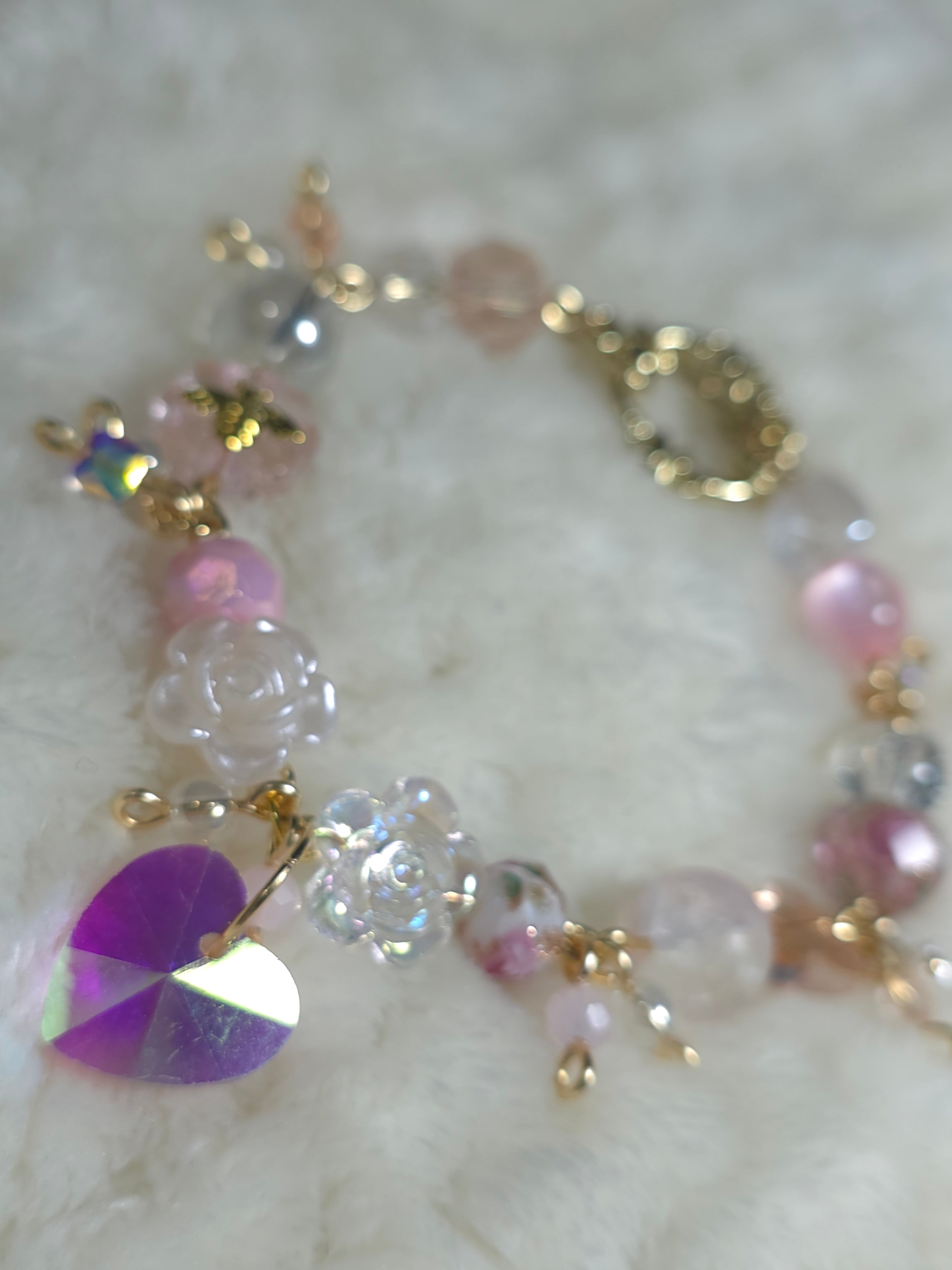 Ethereal Blossom & Crystal Heart Clustered Charm Bracelet